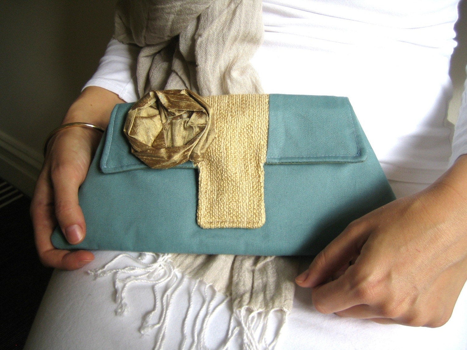 The Jacqueline Clutch in Teal and Gold