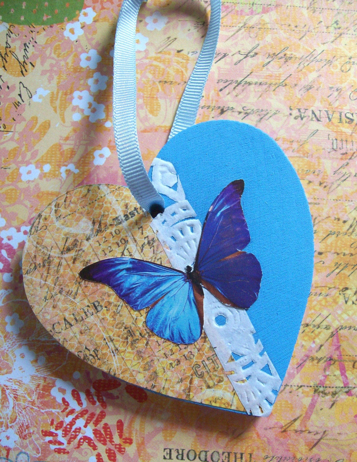 Blue Butterfly 3 - Original Hand-Painted/Mixed Media Wooden Ornament