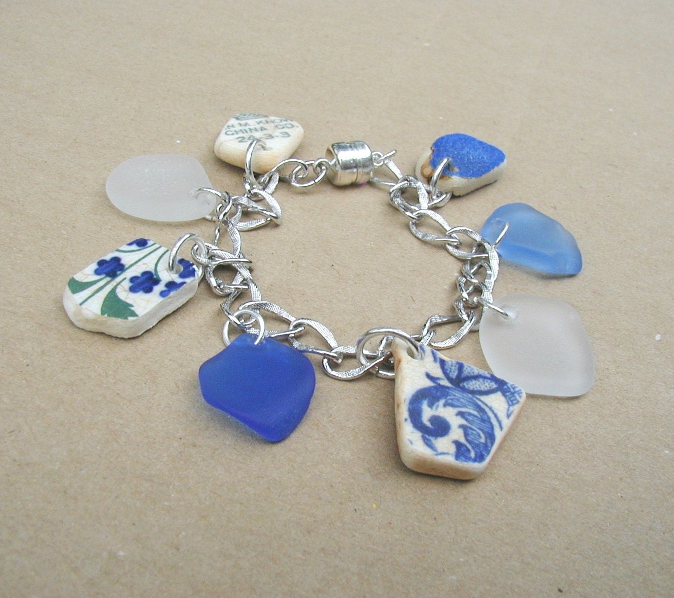 Lucky Charms - Cobalt Blue Sea Glass and Vintage Pottery Charm Bracelet