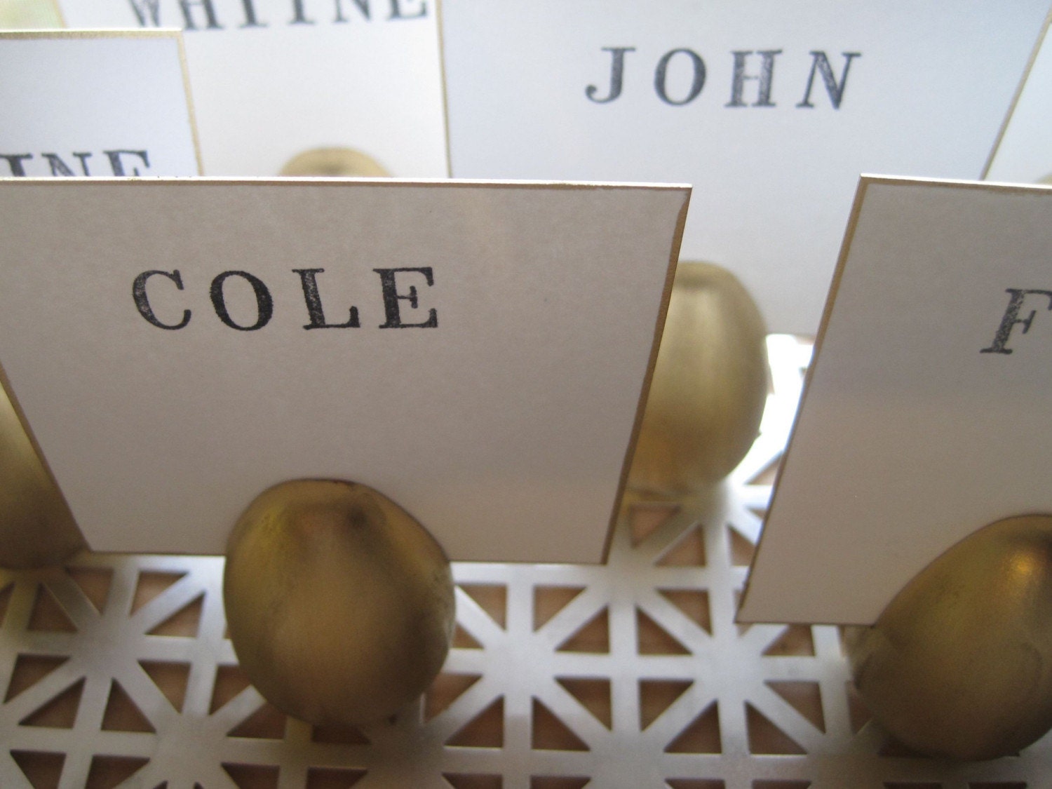 set of 6 Golden Egg place card holders with CUSTOM name -hand stamped cards... or use as photo holder