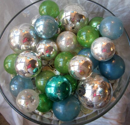 Shabby Vintage Mercury glass ornaments 20 plus blues, greens and silvers