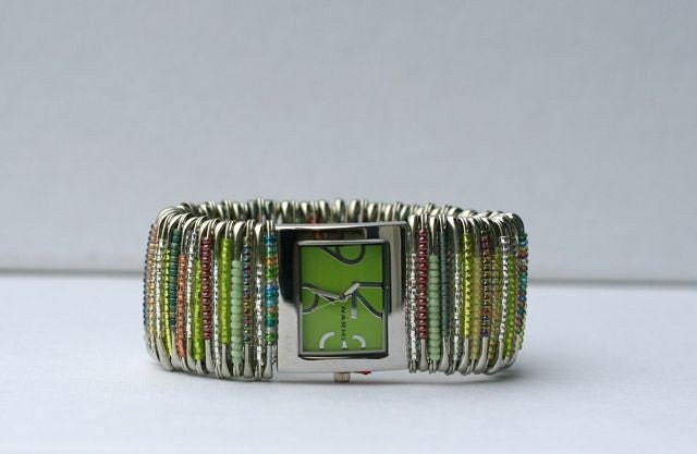 Green Beaded Safety Pin Watch