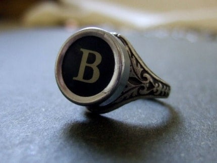 Initial Letter B Antique Typewriter Oak Leaf Ring - Black or White Keys - Fully Adjustable