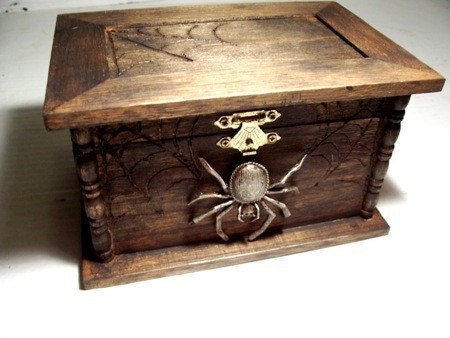 Aged Spider jewelry box / chest with spider web details/ gothic wooden gift