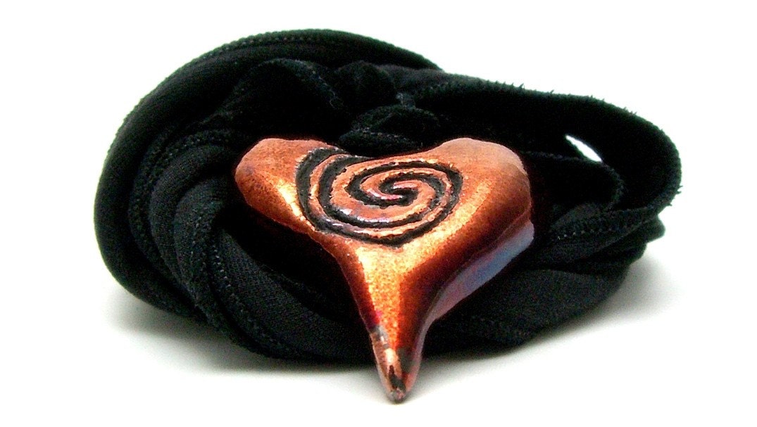 Hypnotic Copper Raku Heart Pendant Raku Ceramic Jewelry Handmade by MAKUstudio