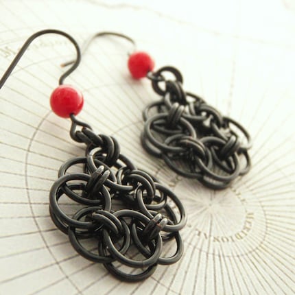 Black  Roses Of Success Earrings with Red Accent