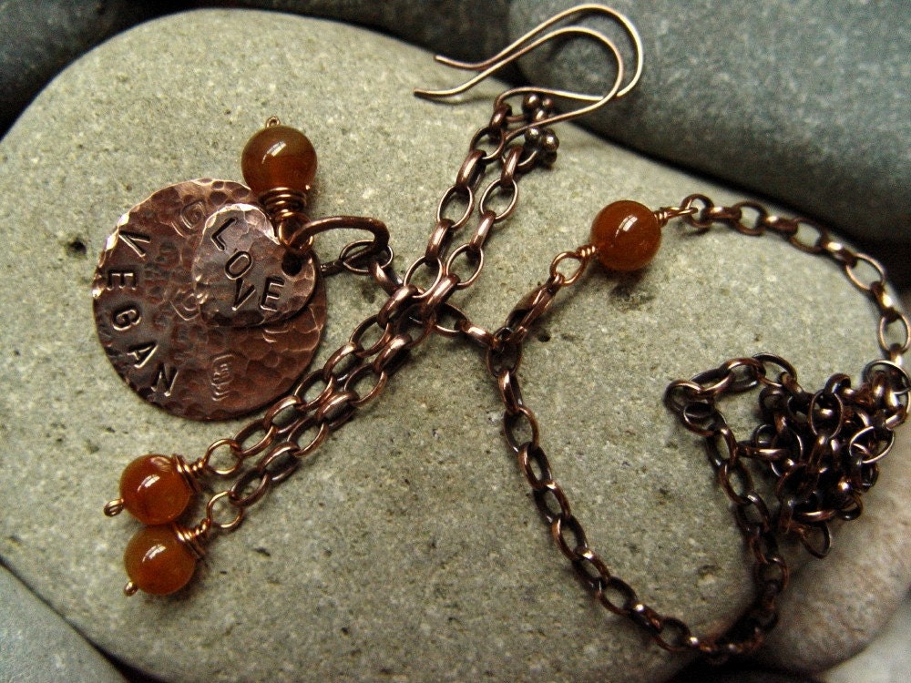 VEGAN LOVE copper and carnelian necklace earrings set
