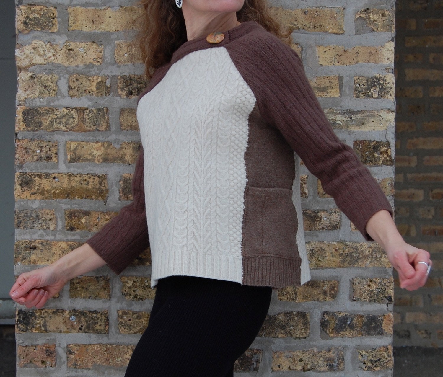 Ella pullover sweater in felted cream, taupe and cocoa wool, made from recycled knits, with red creek jasper cabochon
