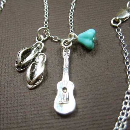 Day at the beach necklace - sterling silver flip flop sandals, guitar or ukulele, and aqua glass flower bead on a sterling chain