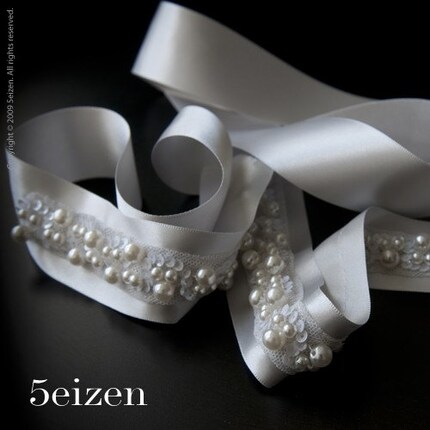 Madison Series I - Ivory and Silver Sash Wedding Belt with Pearls - FREE FEDEX SHIPPING