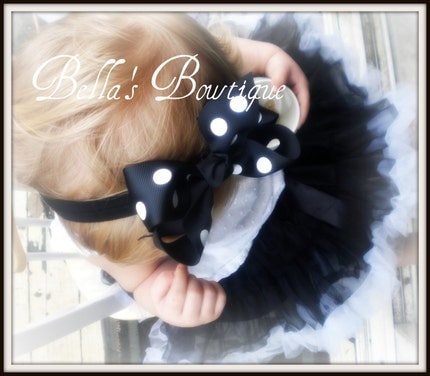 Large Boutique Black and White Polka Dot Hair Bow Headband - Fits Babies Babys and Toddler Girls