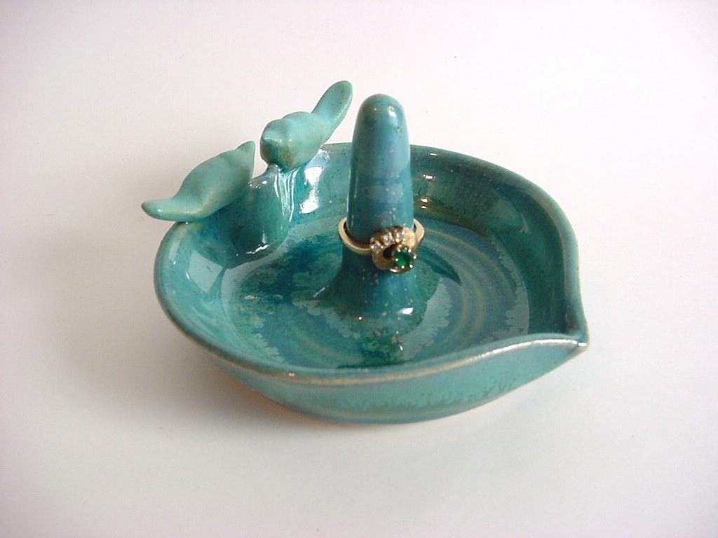 Love Birds Heart shaped Ring Holder just in time for Valentines Day Green Stoneware Pottery