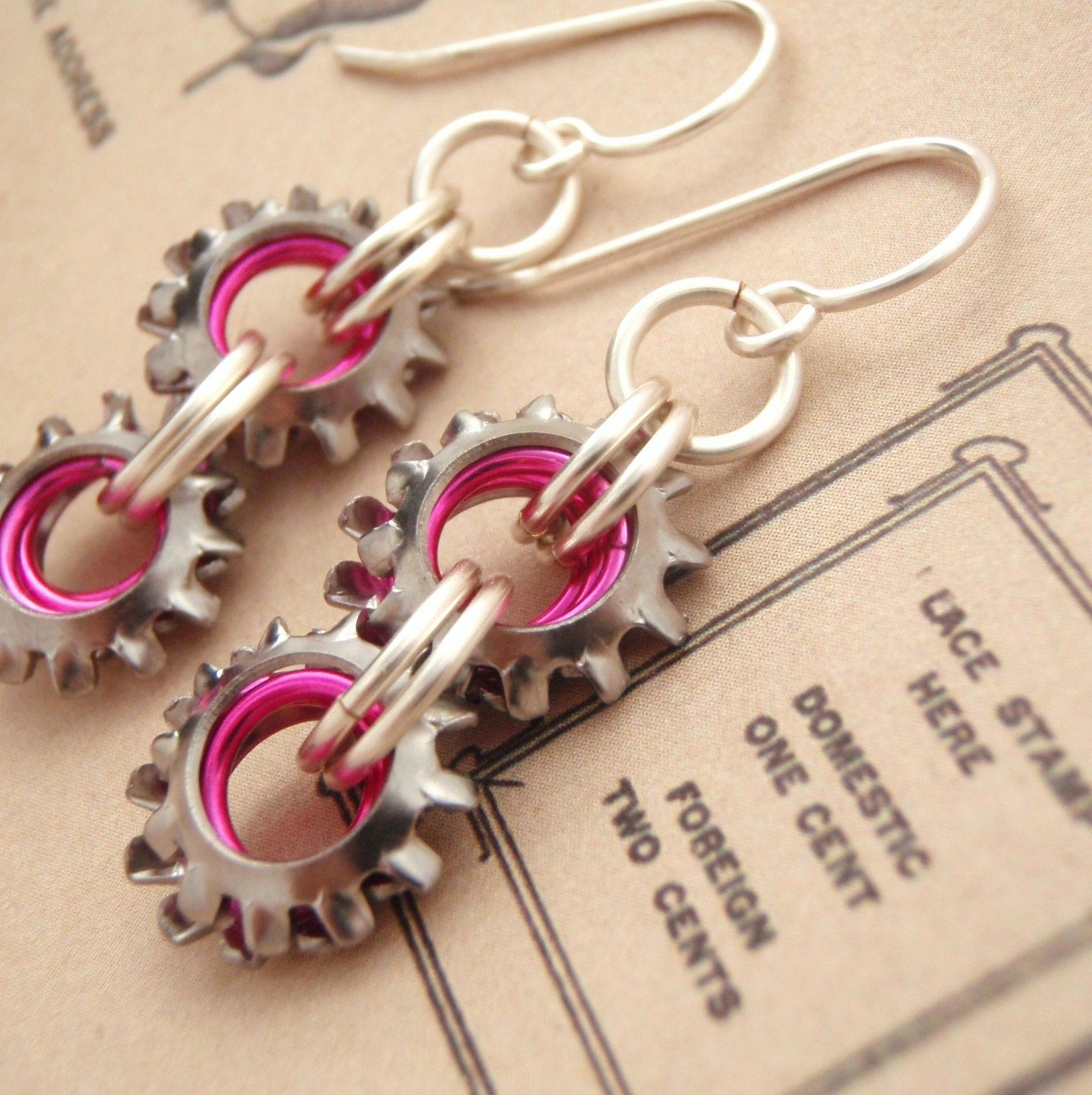 On The Edge Steampunk Chainmaillle Earrings in Silver and NEON Pink and All Non Tarnishing