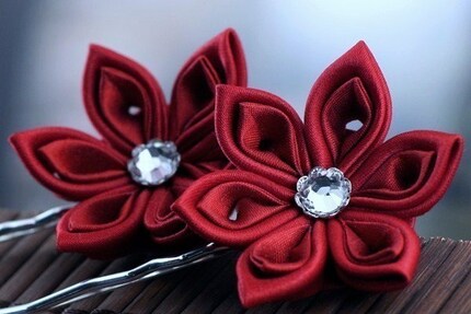 Ruby Red - Kanzashi Flower Bobby Pins