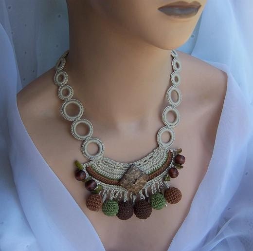 Wooden Crochet Necklace, earth tones