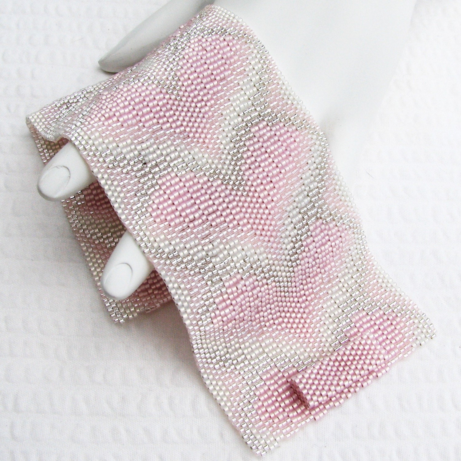 Soft Pink Bargello Hearts Peyote Cuff Bracelet (2383)