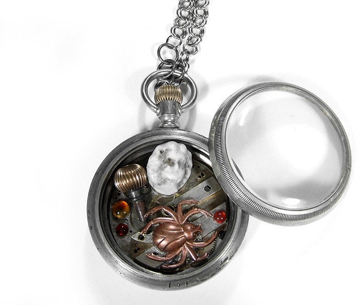 Steampunk Necklace -- Vintage FROZEN CHARLOTTES WEB Silver Pocket Watch SHADOWBOX Pendant Necklace with BISQUE DOLL PARTS Garnets and Copper Spider and 18k GOLD CROWN - From the Creator of Pocket Watch Necklaces... edmdesigns