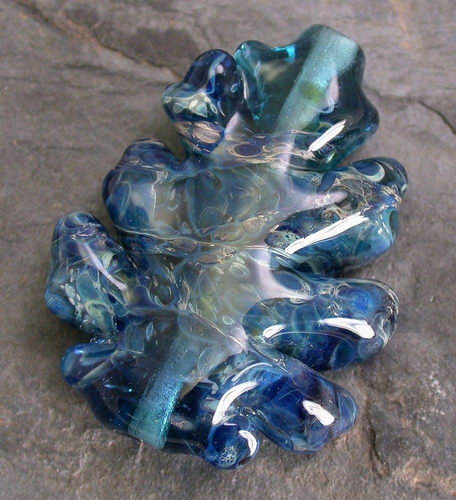 Blue Leaf Boro Tab Lampwork Glass Bead