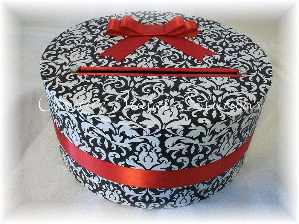 Black and White Damask with Red Round Wedding Card Box Holder