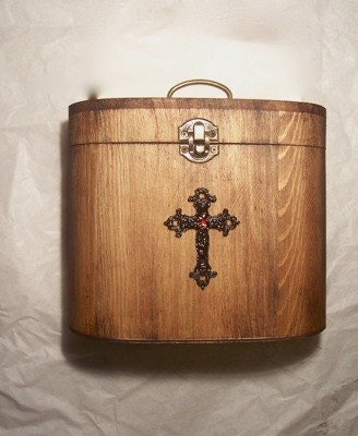 Vamp  Box purse / aged stained wood / gothic cross and blood red rhinestone/ EGL victorian steampunk clutch