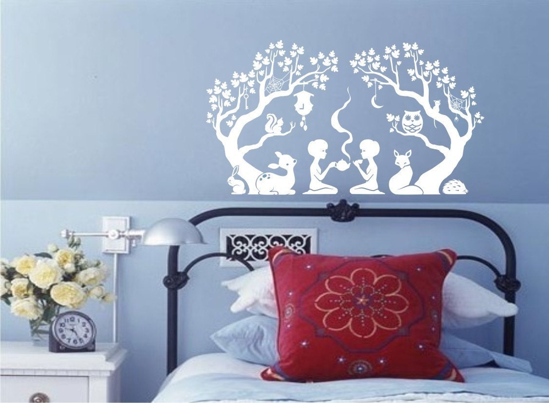 Fairytale Forest Scene White Vinyl Wall Decal large size 18x32 inches