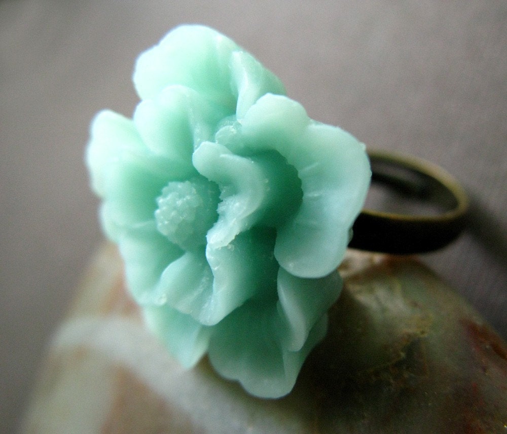 Aqua Sakura Flower Adjustable Ring - A little bit of Spring on your finger, size 6 up to Plus Sizes