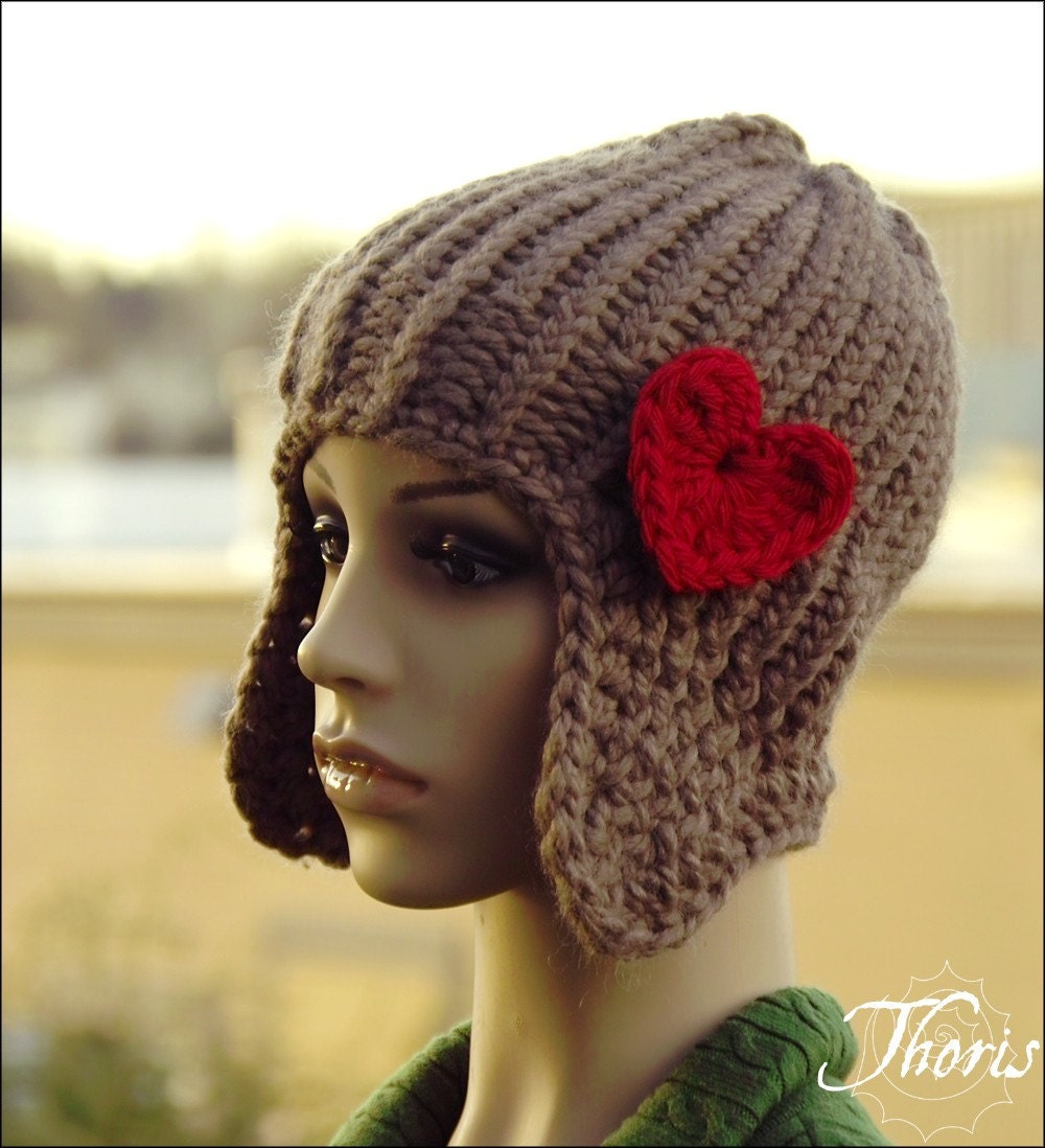 Napal - Knit Ear Flap Beanie in Taupe with Red Heart Brooch by Thoris Designs on Etsy