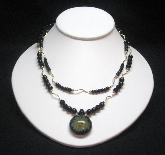 Black Onyx Necklace with Glass Flower Pendant