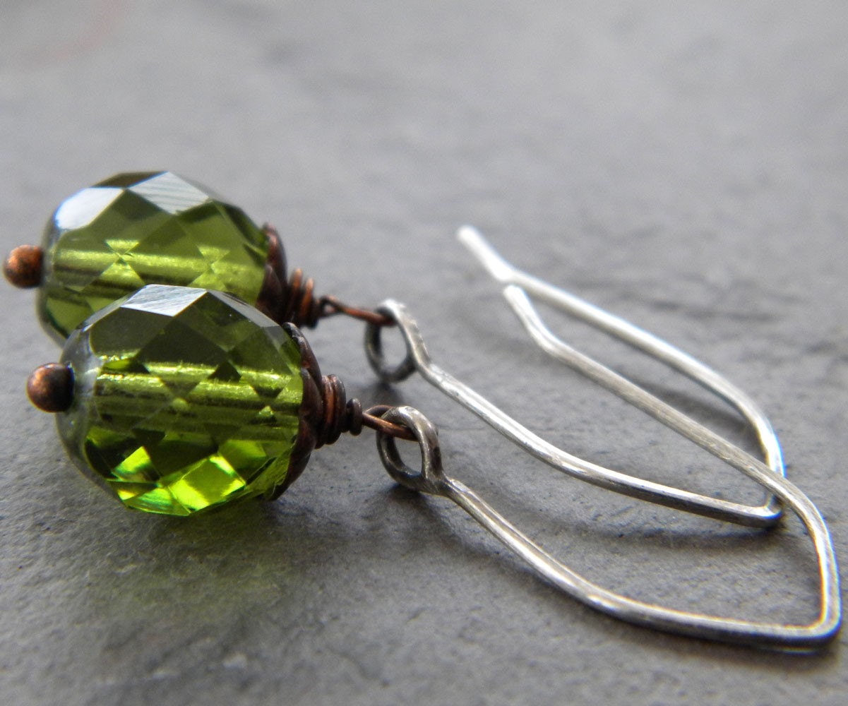 SALE - Dark Olive Green Faceted Glass - Oxidized Copper - Antiqued Sterling Silver Earrings