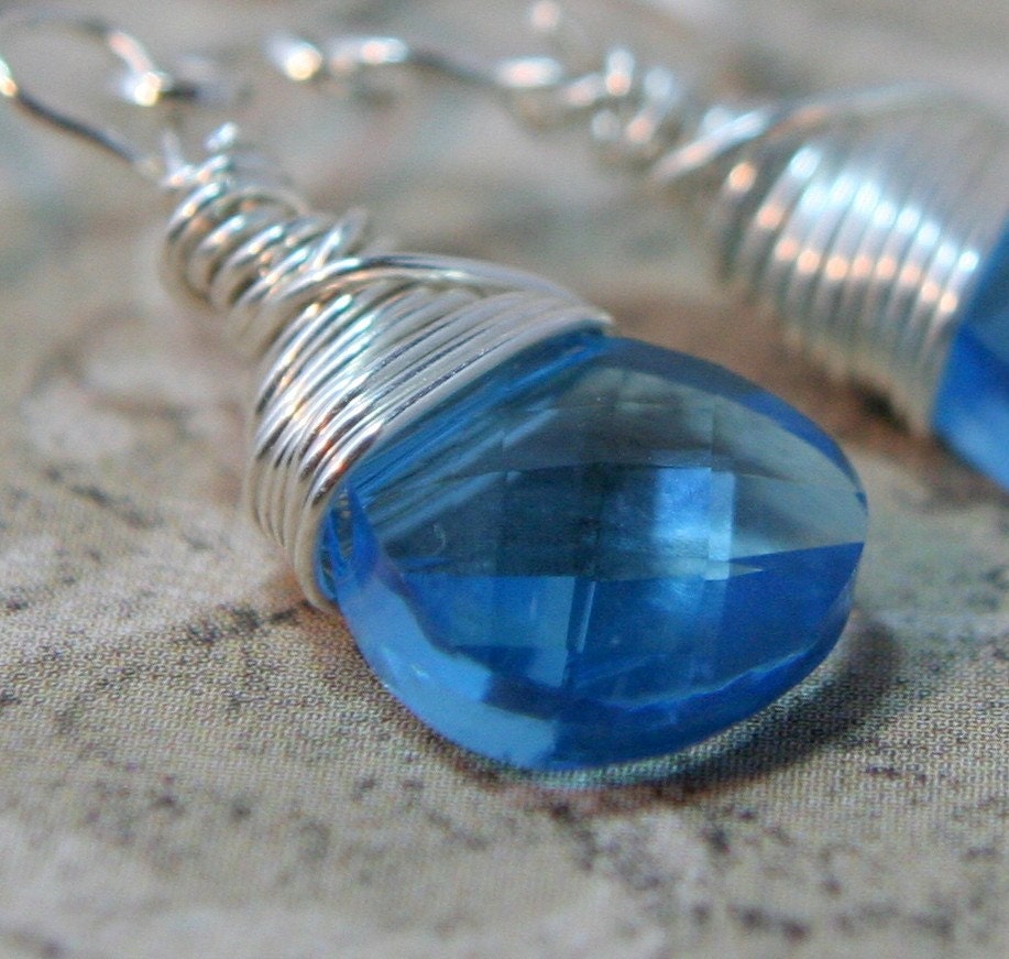 Aquamarine Swarovski crystal briolette silver wrapped earrings