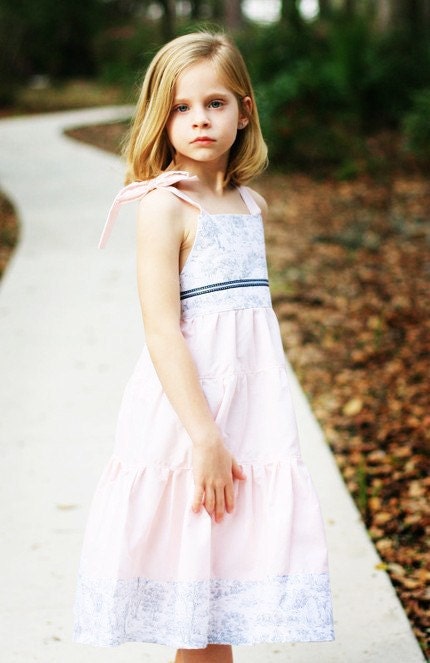 French  Toile in Pink... Handmade Eco Tiered Sundress 12M 18M 2T 3T 4T 5 6