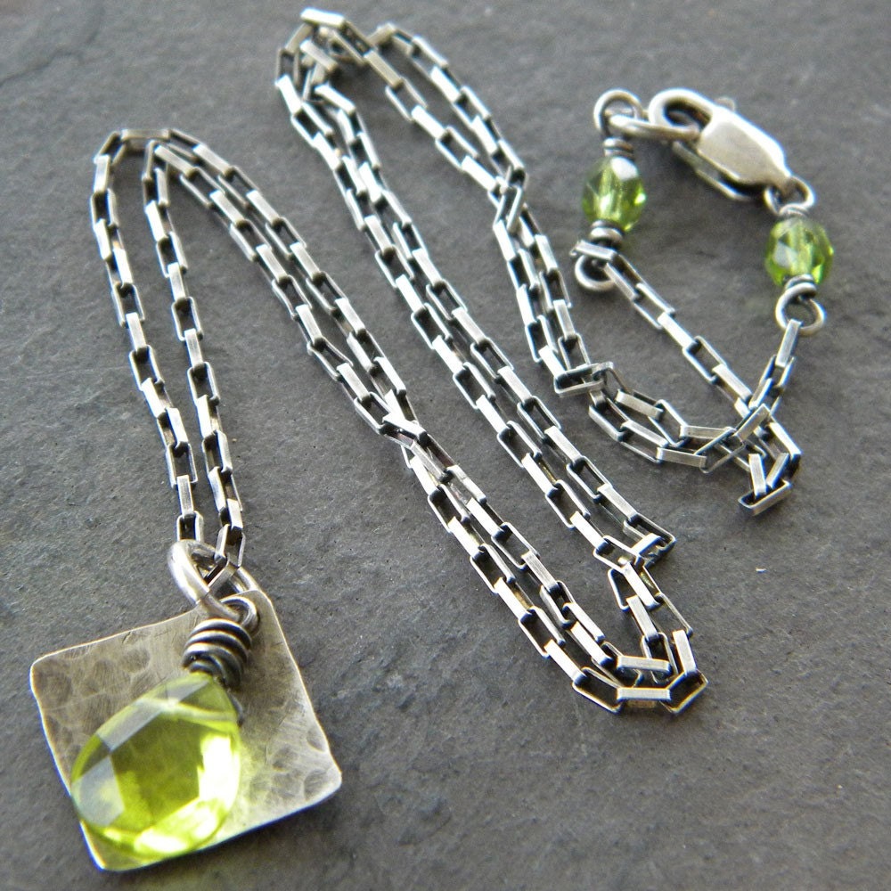 Peridot Green Glass Faceted Teardrop - Antiqued Sterling Silver Square Necklace