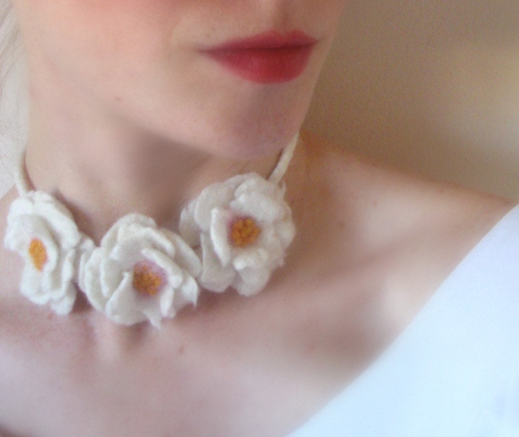 Delicate White Hand Felted Flower Necklace