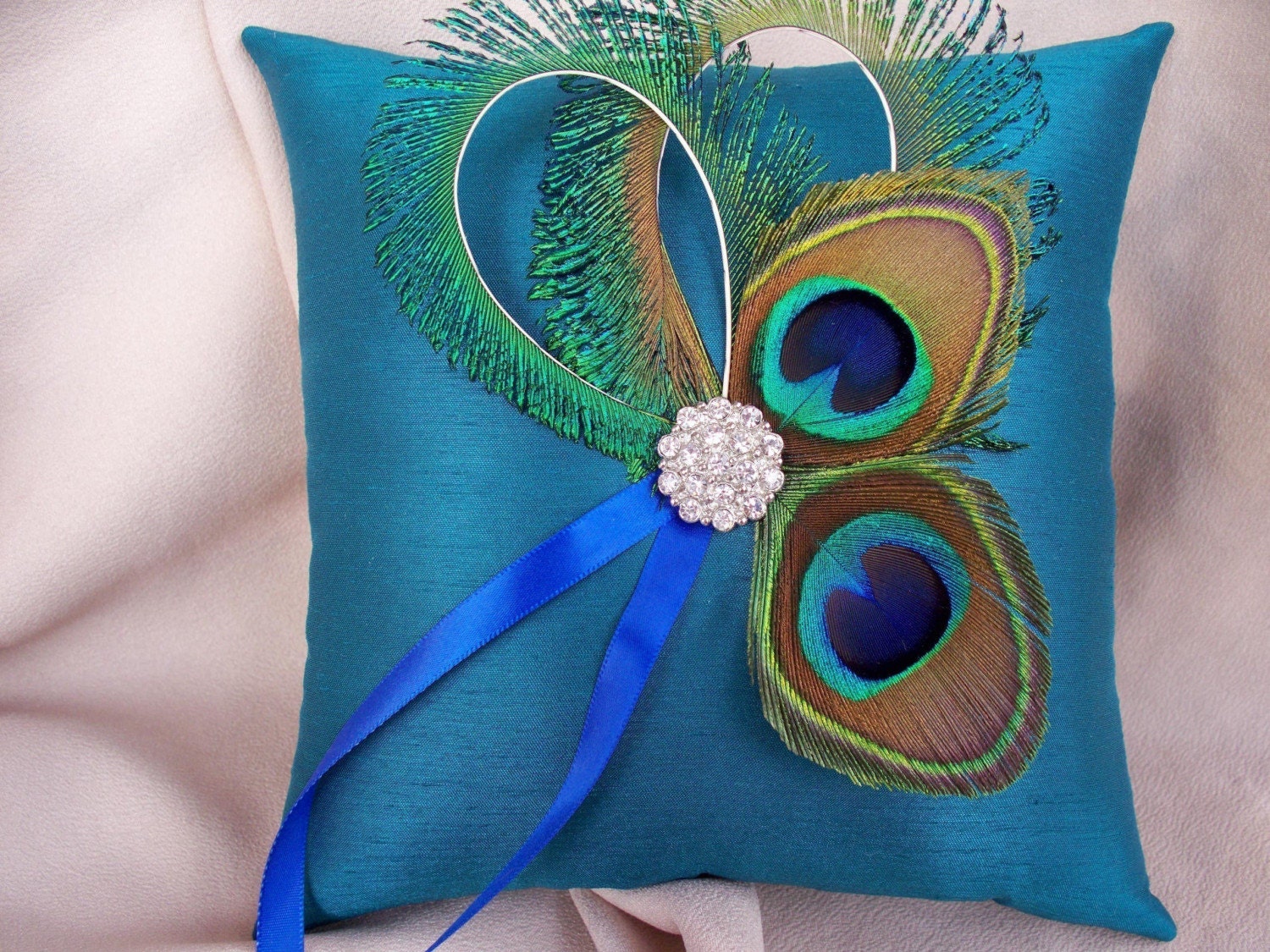Peacock Feather Teal Rhinestone Accent Bridal Wedding Ring Bearer Pillow
