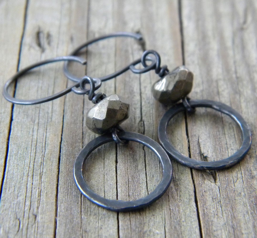Blackened Sterling Silver Ring -  Pyrite Faceted Rondelle (Fool's Gold) - Earrings