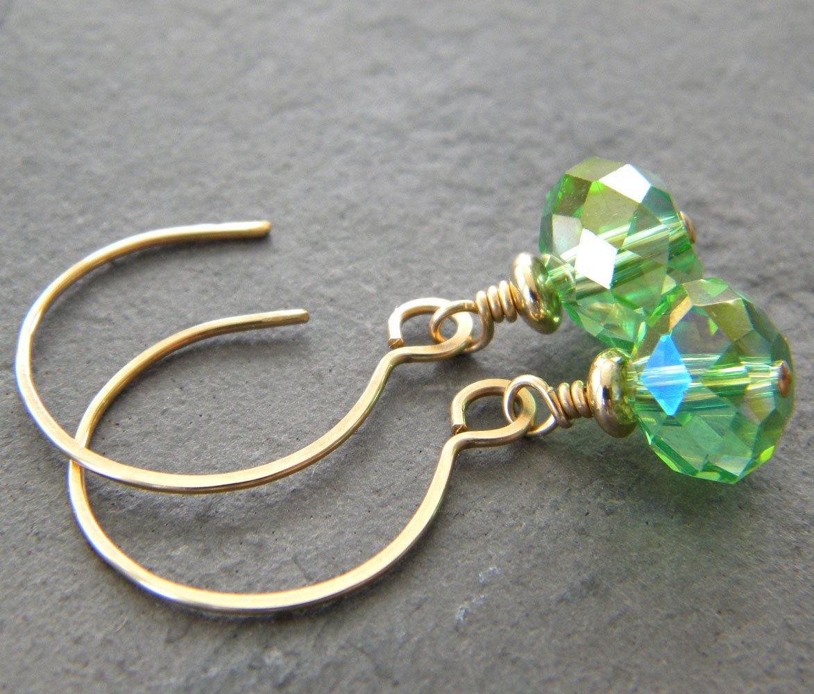 SALE - Emerald Green Fire-Polished Faceted Glass Rondelle 14 Karat Gold-Filled Earrings