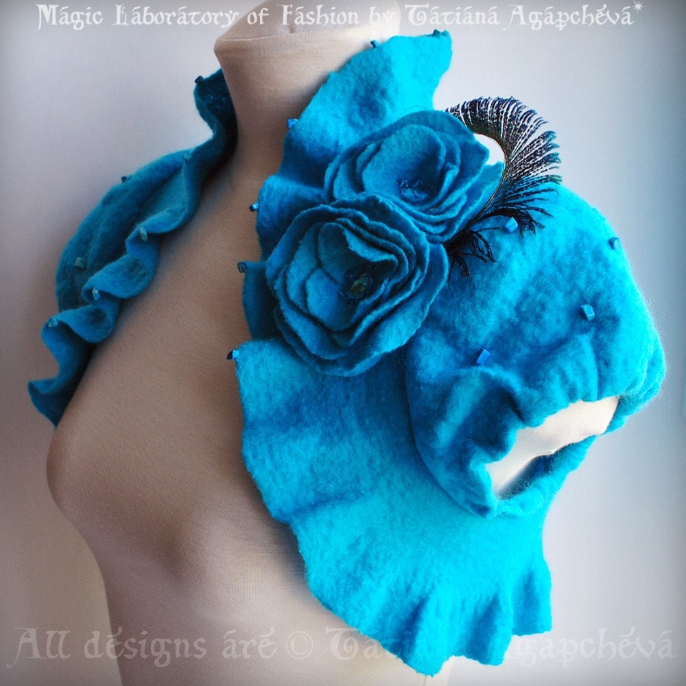 Mermaid Song Wedding Bridal or Special Occasions Full HAND Felted Turquoise Shrug / Bolero with Roses and Peacock Swards Corsage / Brooch Genuine Turquoise Beads Austrian Crystals and Rhinestones Beaded Short Sleeves US Size 4 /UK Size 8 FREE SHIPPING