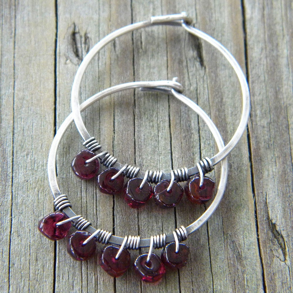 Handcrafted Oxidized Sterling Silver Hammered Hoop - Ruby Red Garnet Earrings