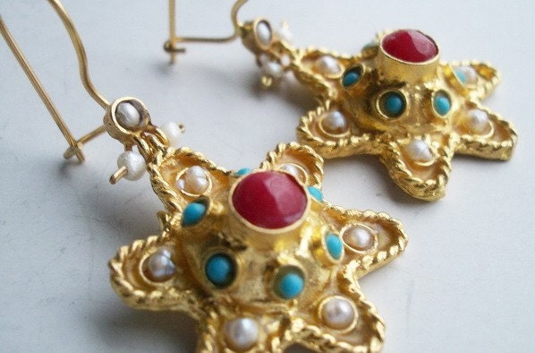 GOLD STAR PEARL AND CORAL EARRING BY ANTIQUE STYLE COLLECTION