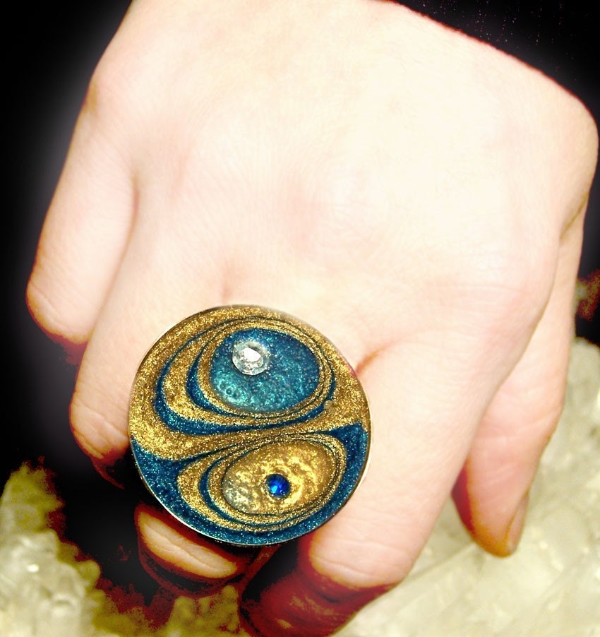 Peacock Blue and Gold Large Adjustable Statement Ring - embedded jewels, Glossy Enamel Finish