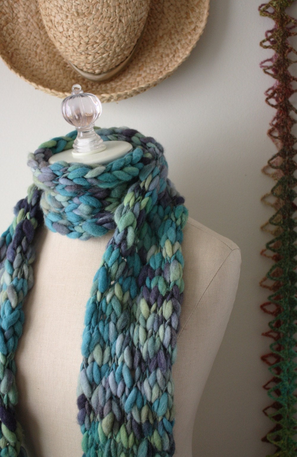 Scarf / Teal Plum Green / Hand Knit Wool