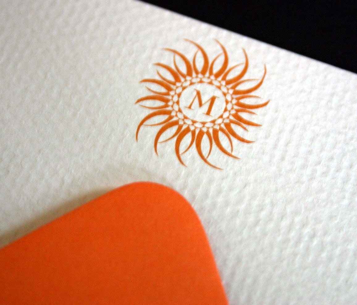 Beautiful Orange Blazing Monogrammed Sun Flat Notecards- Set of 6 with envelopes