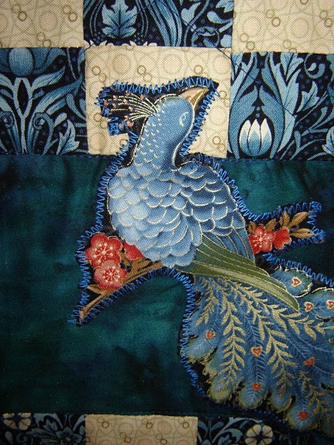 Quilted blue and taupe Peacock patchwork original