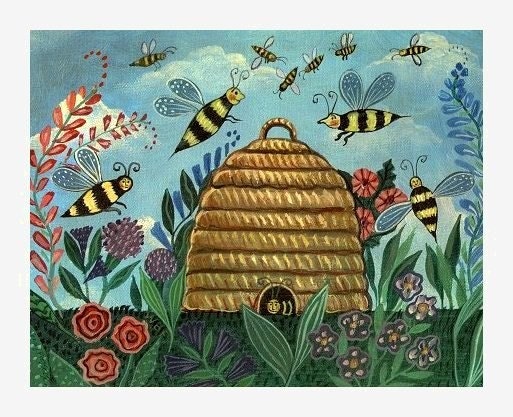 HAPPY BEES Bumblebee Garden Bee Skep SIGNED ART PRINT Wendy Presseisen