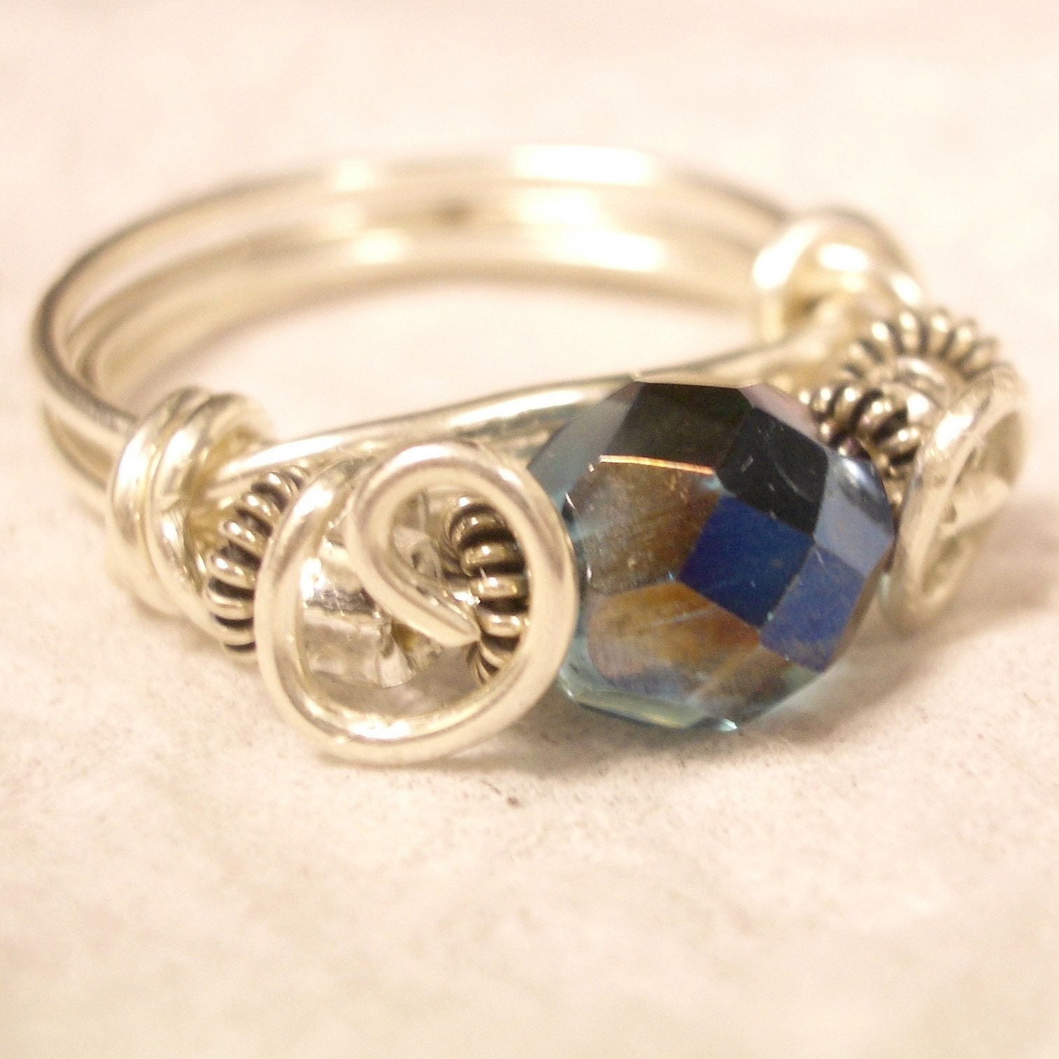 Multi-Faceted Blue Fire-polished Czech Ring in Sterling Silver - Size 6
