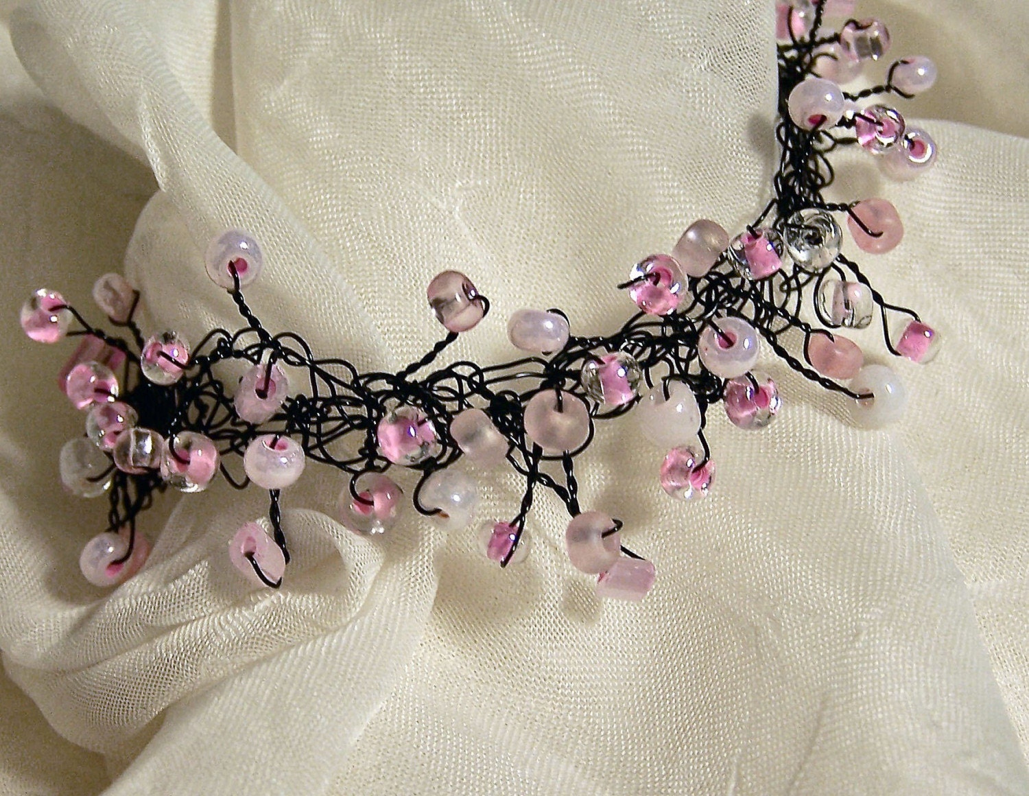 Pretty in pink (and black) wire crocheted bracelet