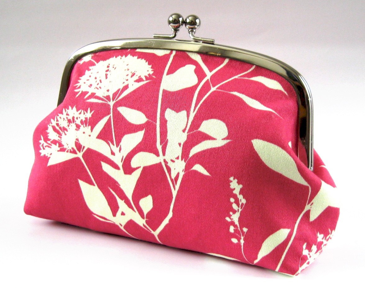 XL pouch - white plants on bright pink