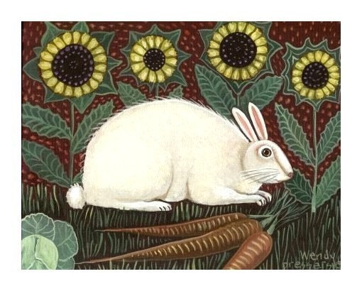 WHITE RABBIT Garden Bunny FOLK ART PRINT Artist Signed EASTER