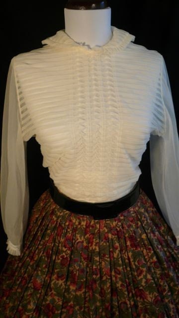 1940s to early 50s  SHEER ivory lace fitted blouse ruffle Pin-Up 50s
