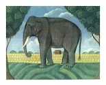 ELEPHANT Signed Painting Print FOLK ART LANDSCAPE Wendy Presseisen BIG GREY ELEPHANT African Jungle Art